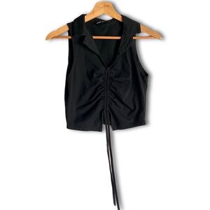 Shein Black Sleeveless Ruched-Front Tie Crop-Top